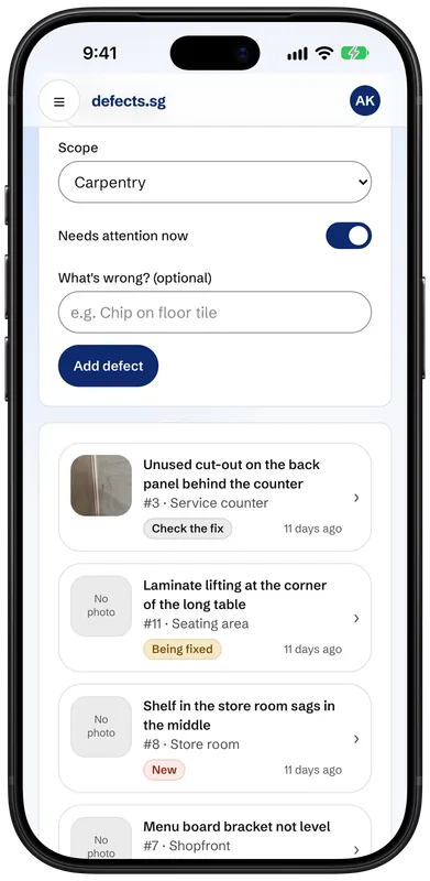 One outlet's defect list on an iPhone: a form to add a defect, and defects at the service counter, seating area and store room, each with its state.
