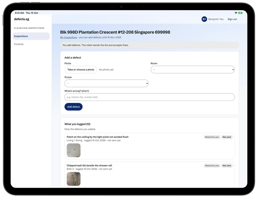 On an iPad held sideways, a defect checker's inspection on the defects.sg website, on sample data: Add a defect, with its photo, room and scope, and under it What you logged (12), each defect with its room and its photo.