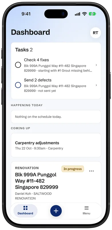 The defects.sg app on an iPhone: the dashboard with two tasks, check 4 fixes and send 2 defects, a carpentry visit coming up, and the project.