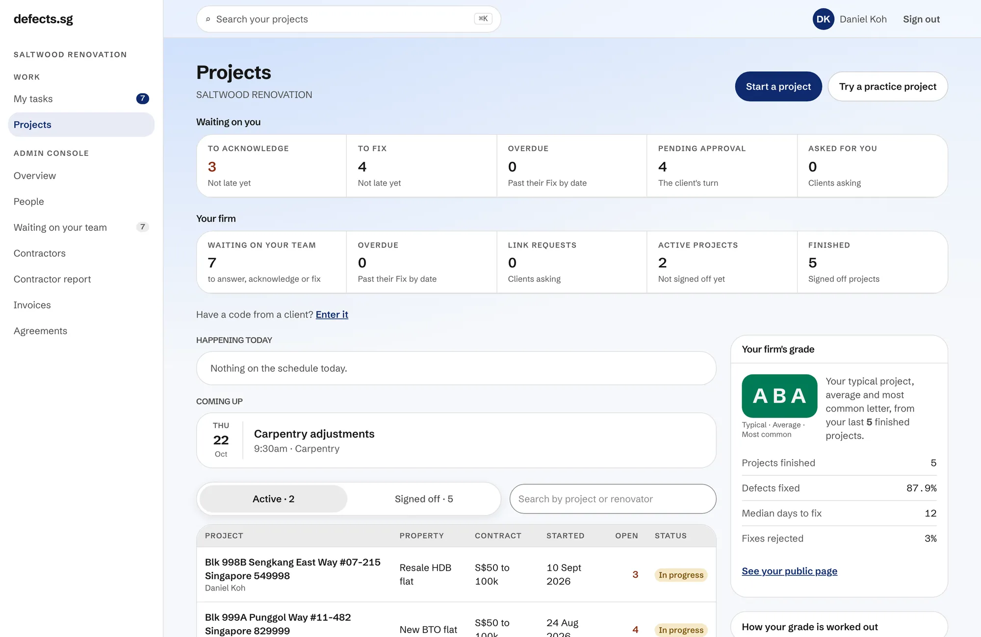 A renovation firm's projects page on a computer: what is waiting on you and on your team, the coming schedule, live projects and the firm's grade.