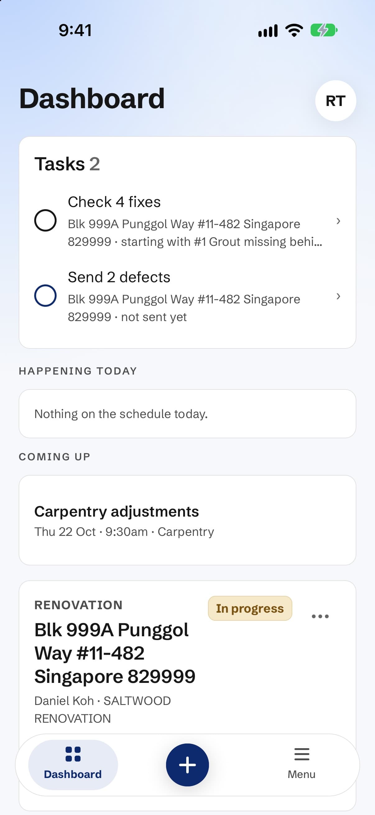 The defects.sg app's Dashboard: two tasks, check 4 fixes and send 2 defects, and a carpentry visit coming up.