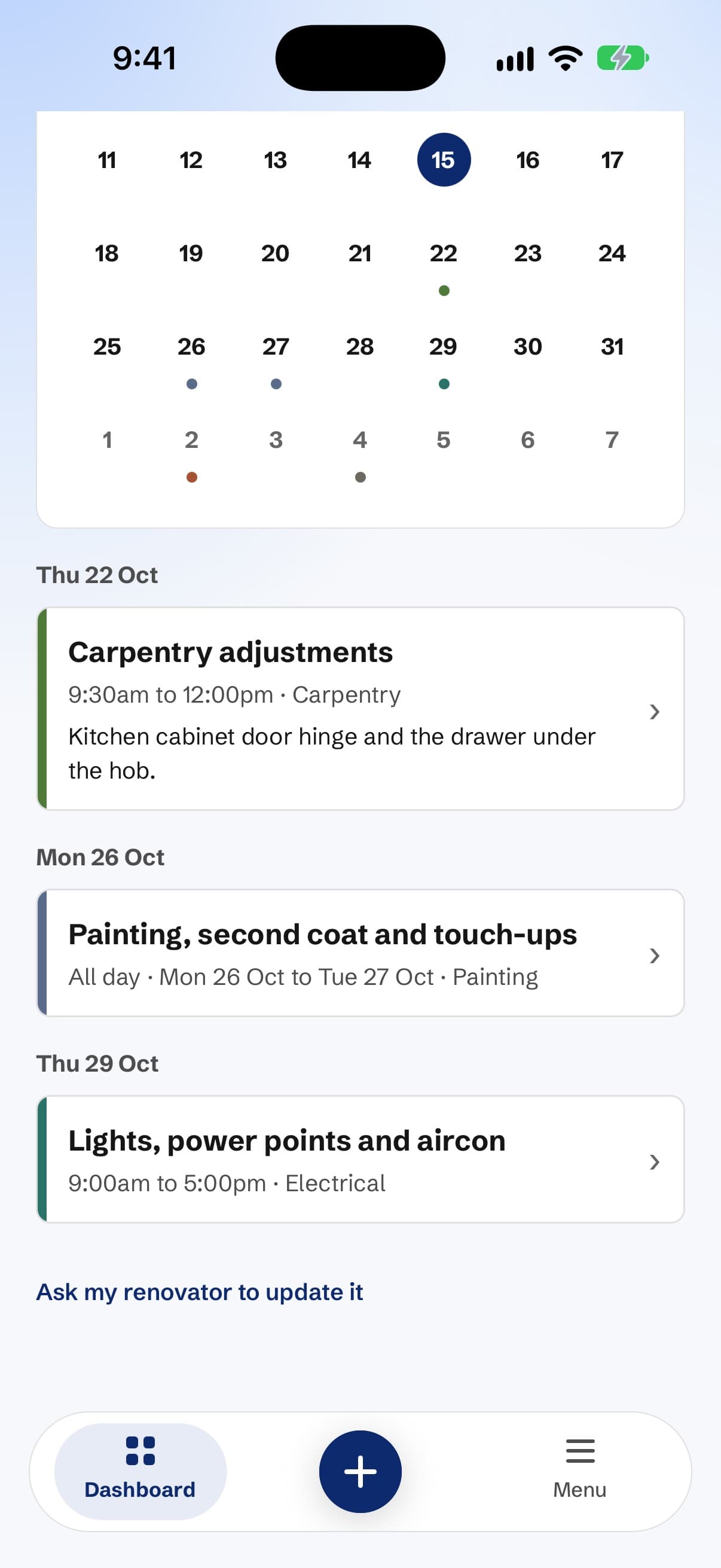 The schedule in the app: an October calendar and the coming visits, starting with carpentry adjustments, 9:30am to 12pm.